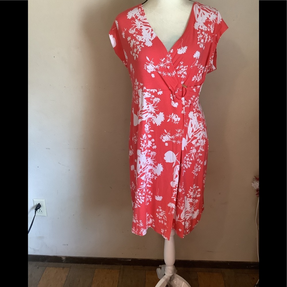 Liz Claiborne Floral Coral Faux Wrap Dress